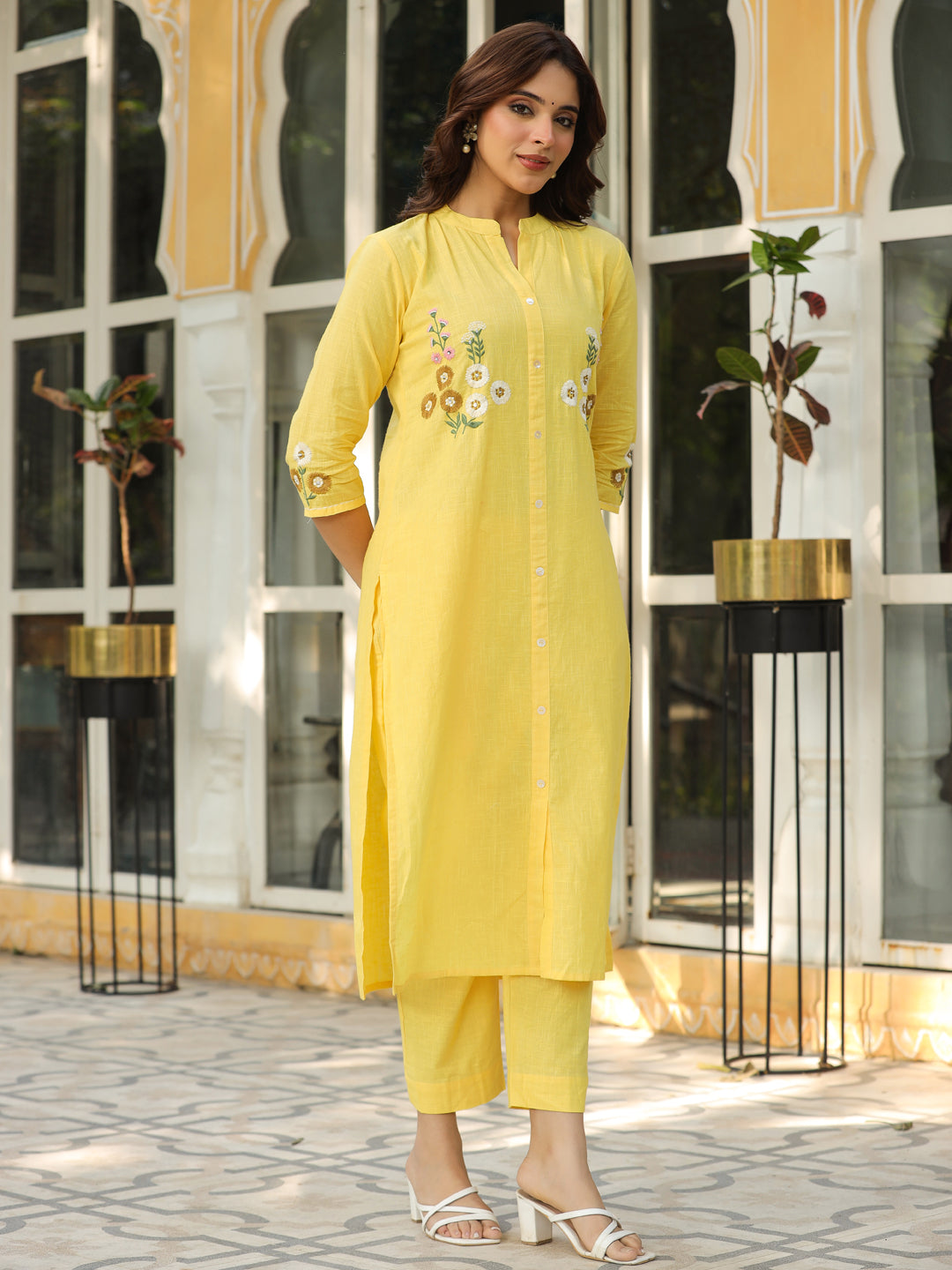 Solid Floral Hand Embroidered Straight Fit Co-ord Set - Yellow