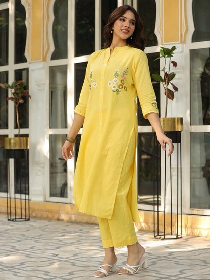 Solid Floral Hand Embroidered Straight Fit Co-ord Set - Yellow