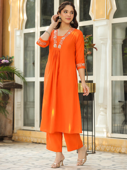 Solid Floral Pithan Work A-Line Paneled Co-ord Set - Orange