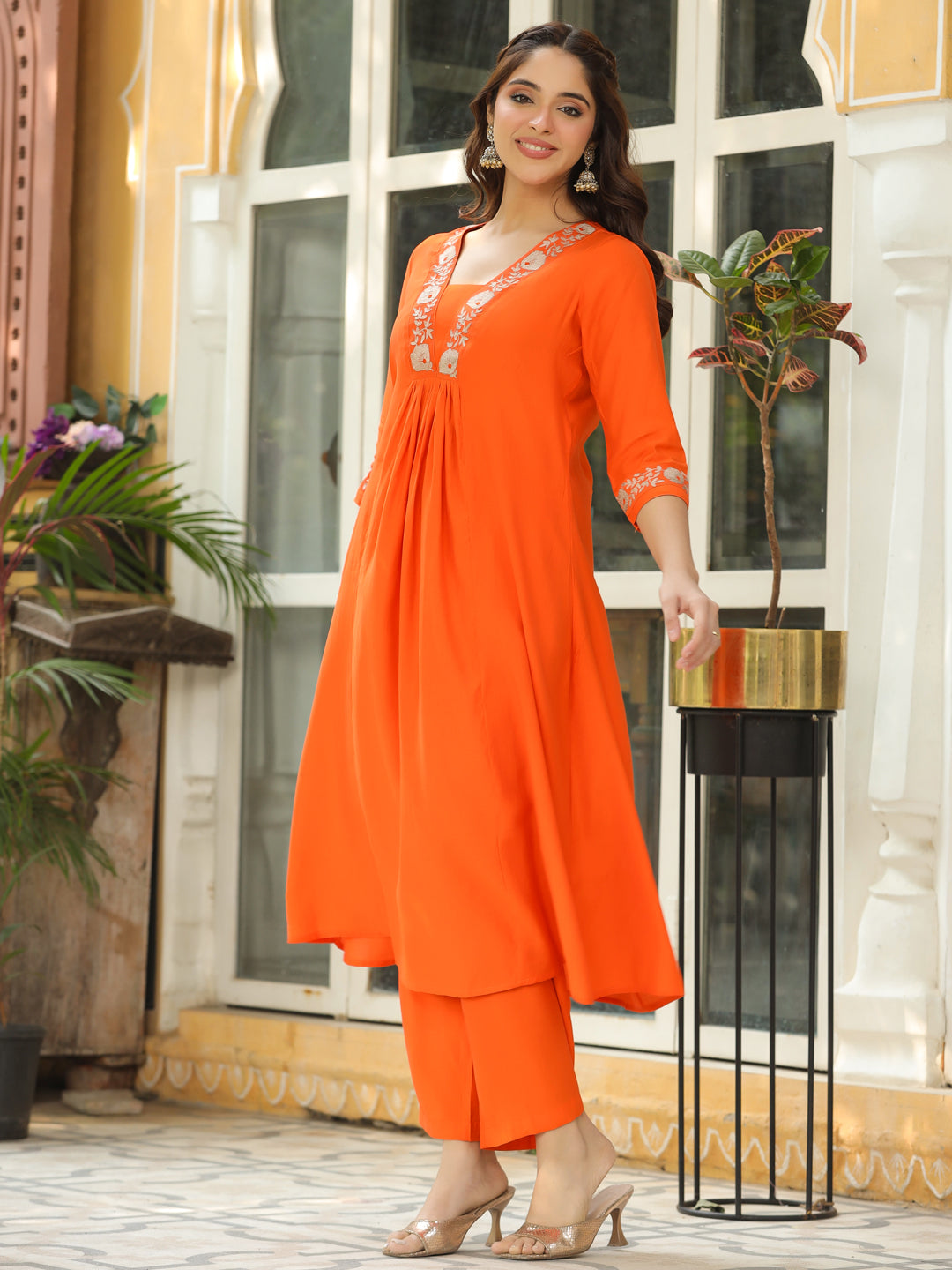 Solid Floral Pithan Work A-Line Paneled Co-ord Set - Orange