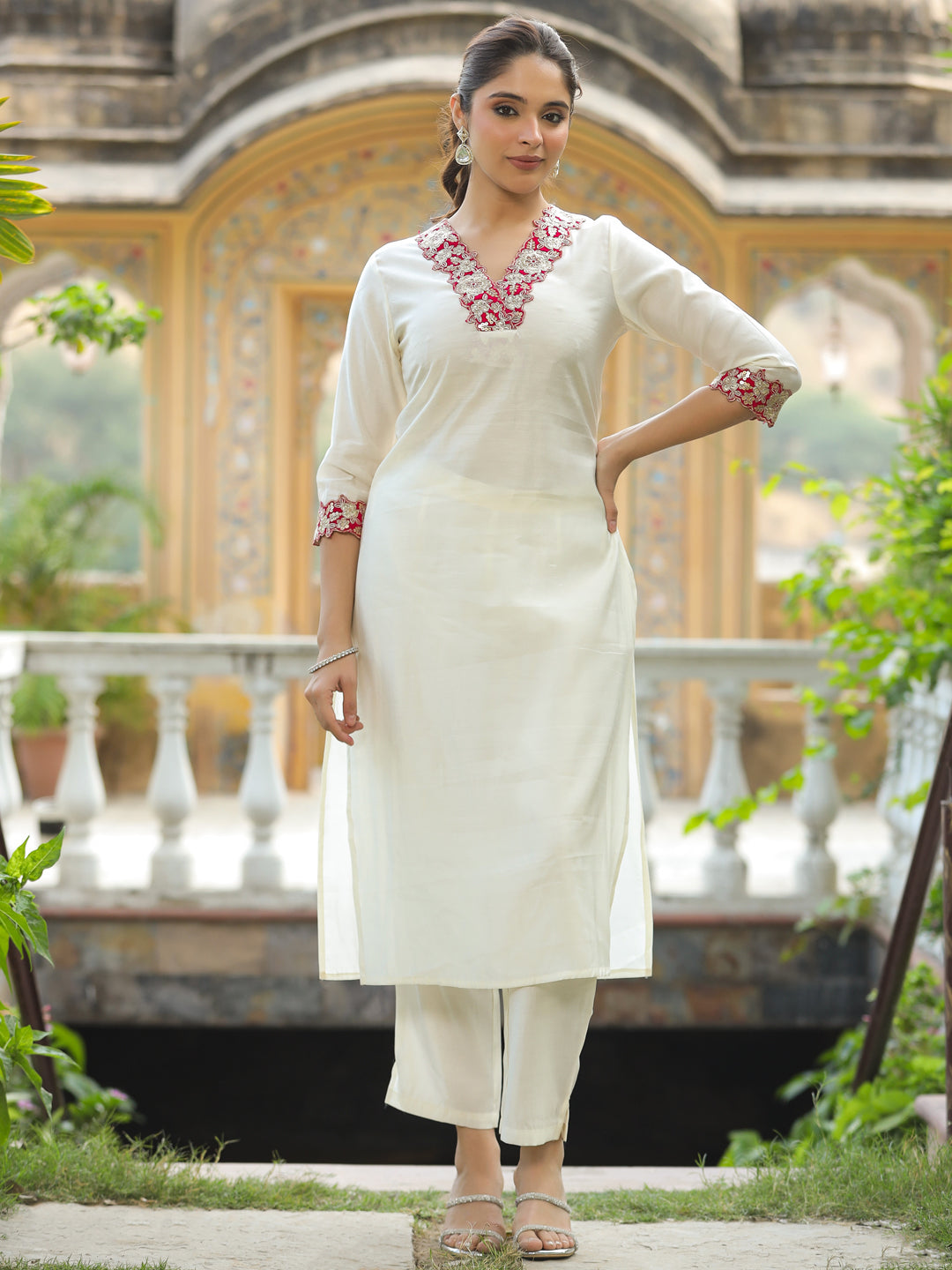 Solid Ethnic Sequin & Zari Embroidered Straight Fit Co-ord Set - Cream