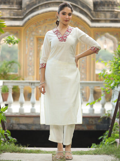 Solid Ethnic Sequin & Zari Embroidered Straight Fit Co-ord Set - Cream