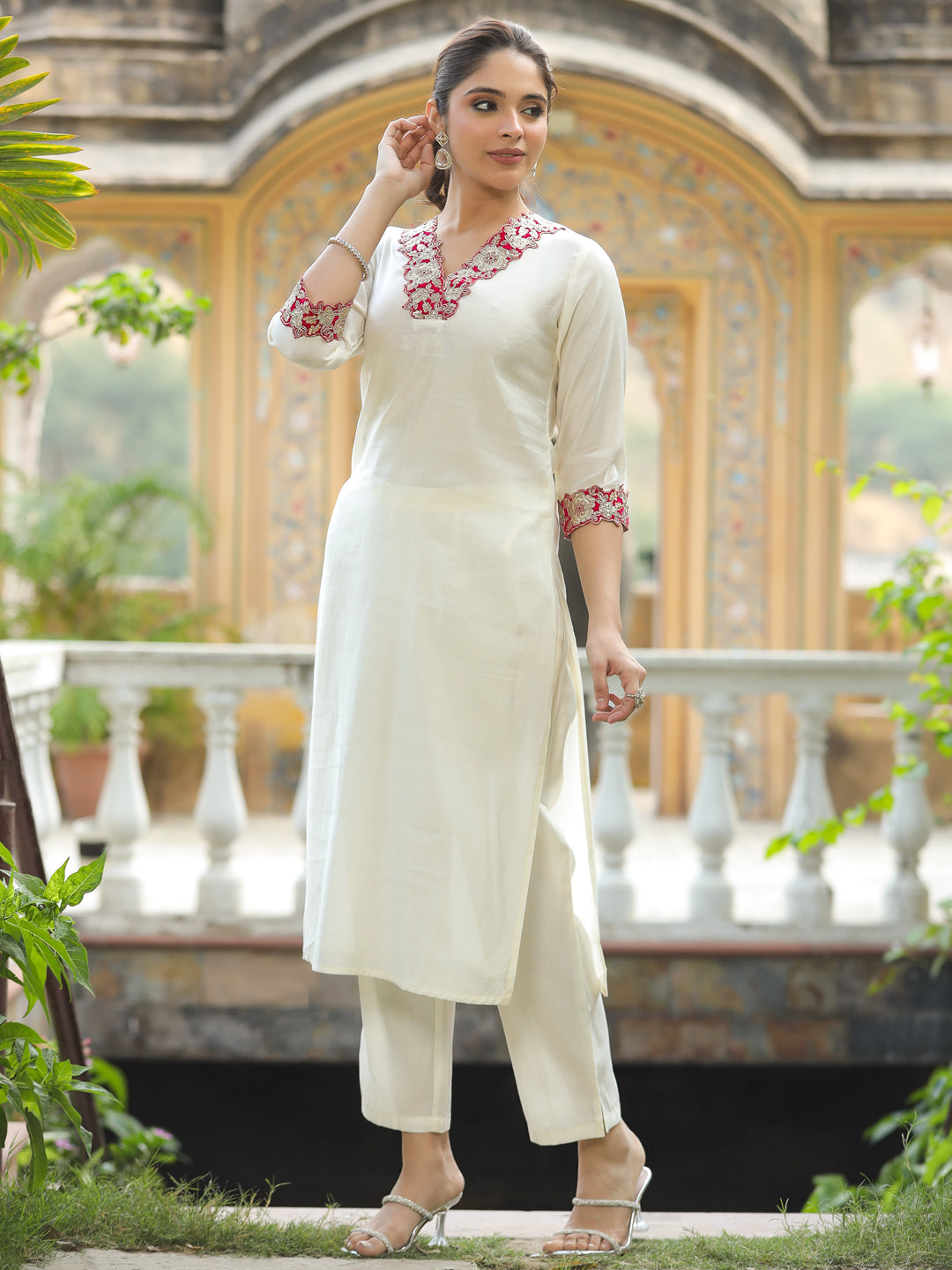 Solid Ethnic Sequin & Zari Embroidered Straight Fit Co-ord Set - Cream