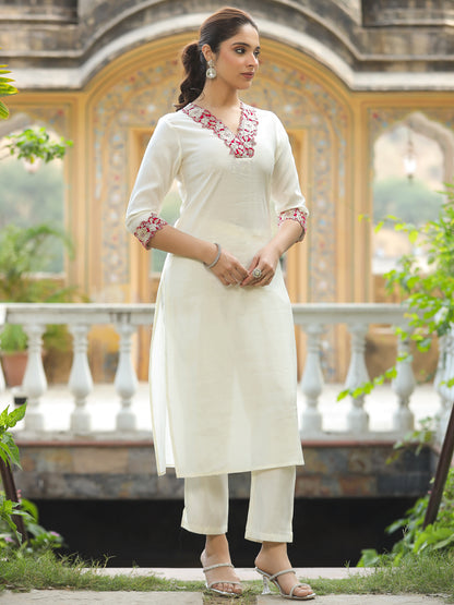 Solid Ethnic Sequin & Zari Embroidered Straight Fit Co-ord Set - Cream