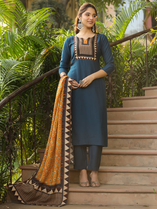 Solid Ethnic Printed Straight Kurta with Pant & Dupatta - Teal Blue