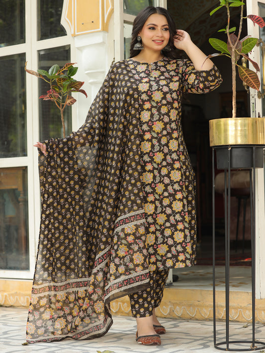 Floral Printed Mirror & Zari Embroidered A-line Kurta with Pants & Dupatta - Coffee Brown