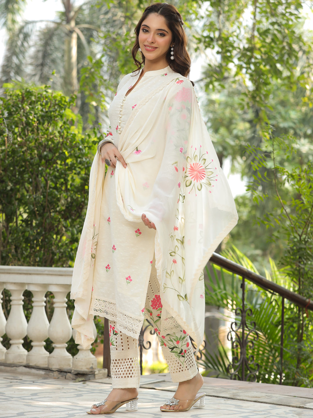 Solid Resham Embroidered Kurta with Schiffili Pants & Hand Painted Dupatta - Off White