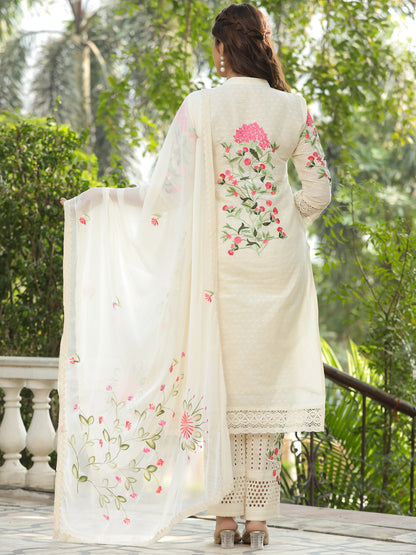 Solid Resham Embroidered Kurta with Schiffili Pants & Hand Painted Dupatta - Off White