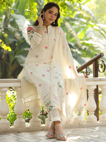 Solid Resham Embroidered Kurta with Schiffili Pants & Hand Painted Dupatta - Off White