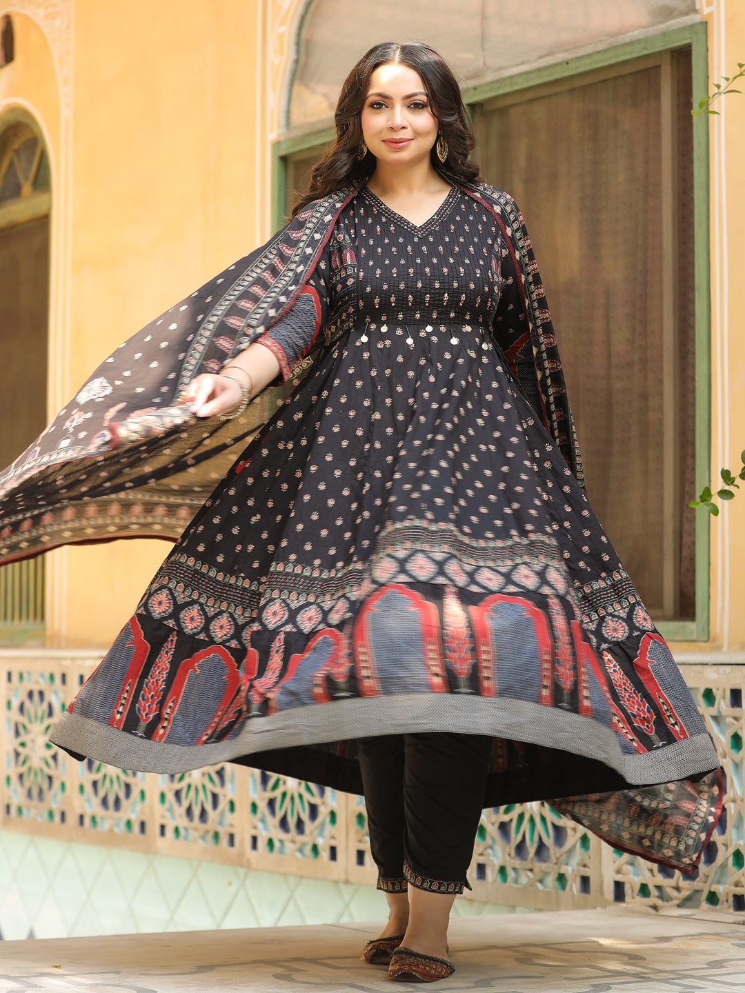 Multi Printed Mirror & Beads Embroidered Anarkali with Pants & Dupatta - Black