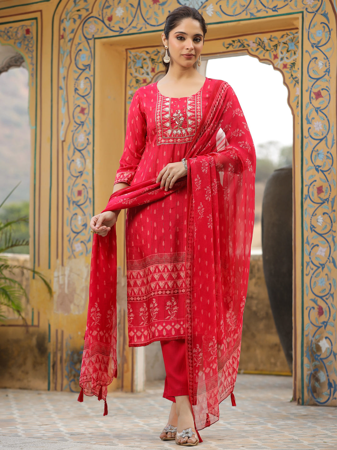 Ethnic Printed & Hand Embroidered Straight Fit Kurta with Pant & Dupatta - Red