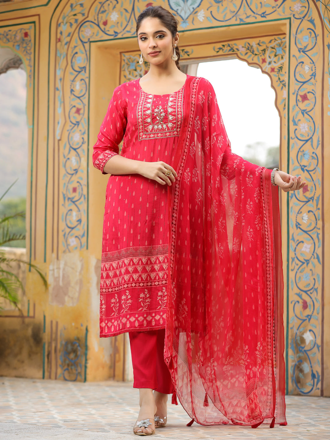 Ethnic Printed & Hand Embroidered Straight Fit Kurta with Pant & Dupatta - Red