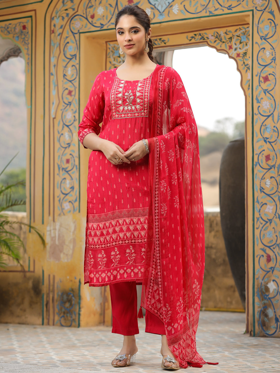 Ethnic Printed & Hand Embroidered Straight Fit Kurta with Pant & Dupatta - Red