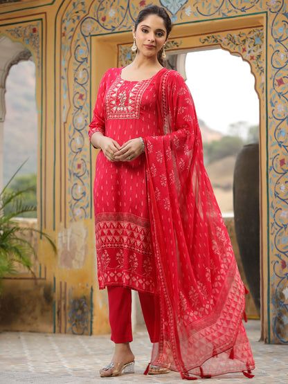 Ethnic Printed & Hand Embroidered Straight Fit Kurta with Pant & Dupatta - Red