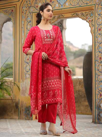 Ethnic Printed & Hand Embroidered Straight Fit Kurta with Pant & Dupatta - Red