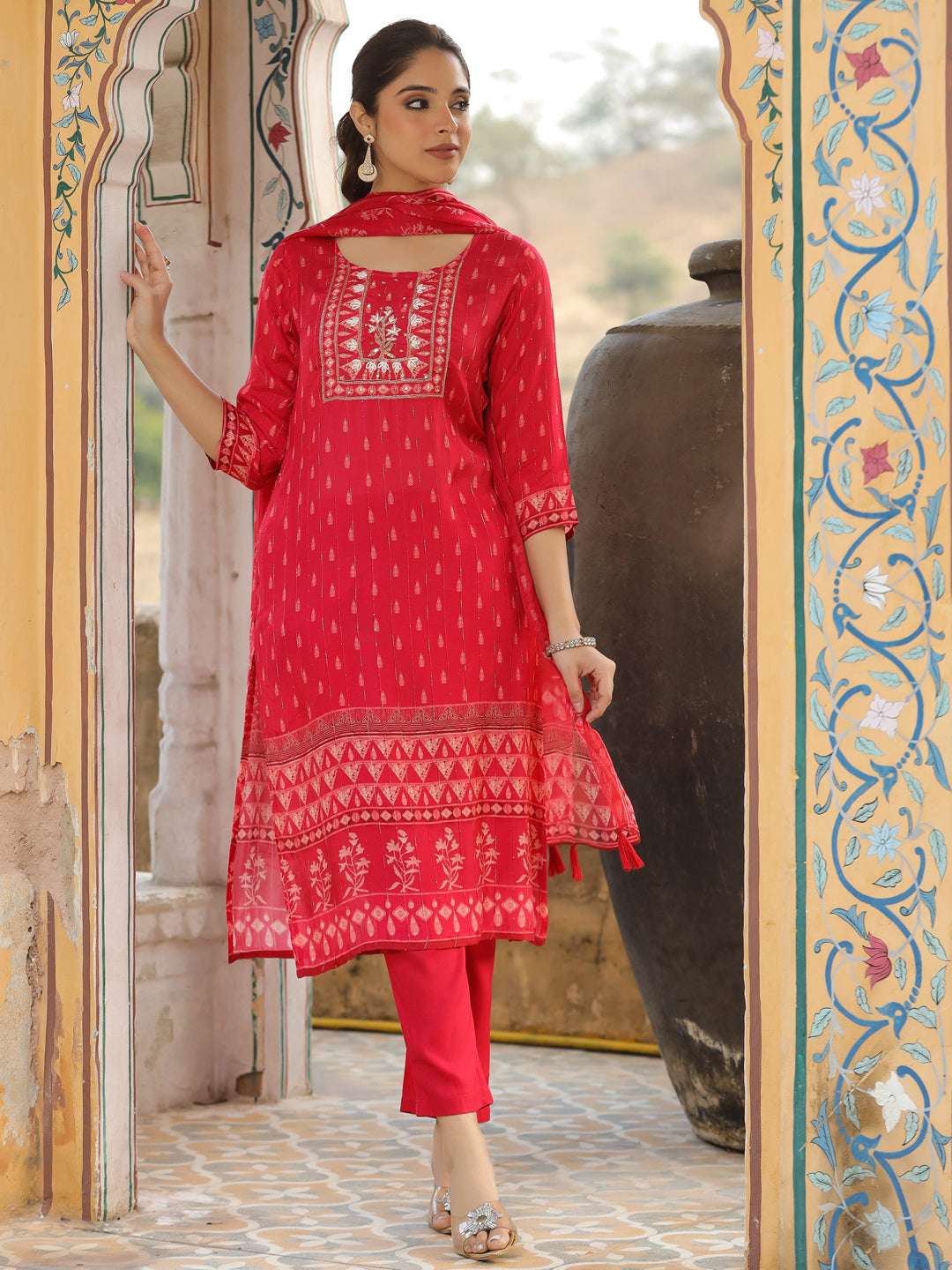 Ethnic Printed & Hand Embroidered Straight Fit Kurta with Pant & Dupatta - Red