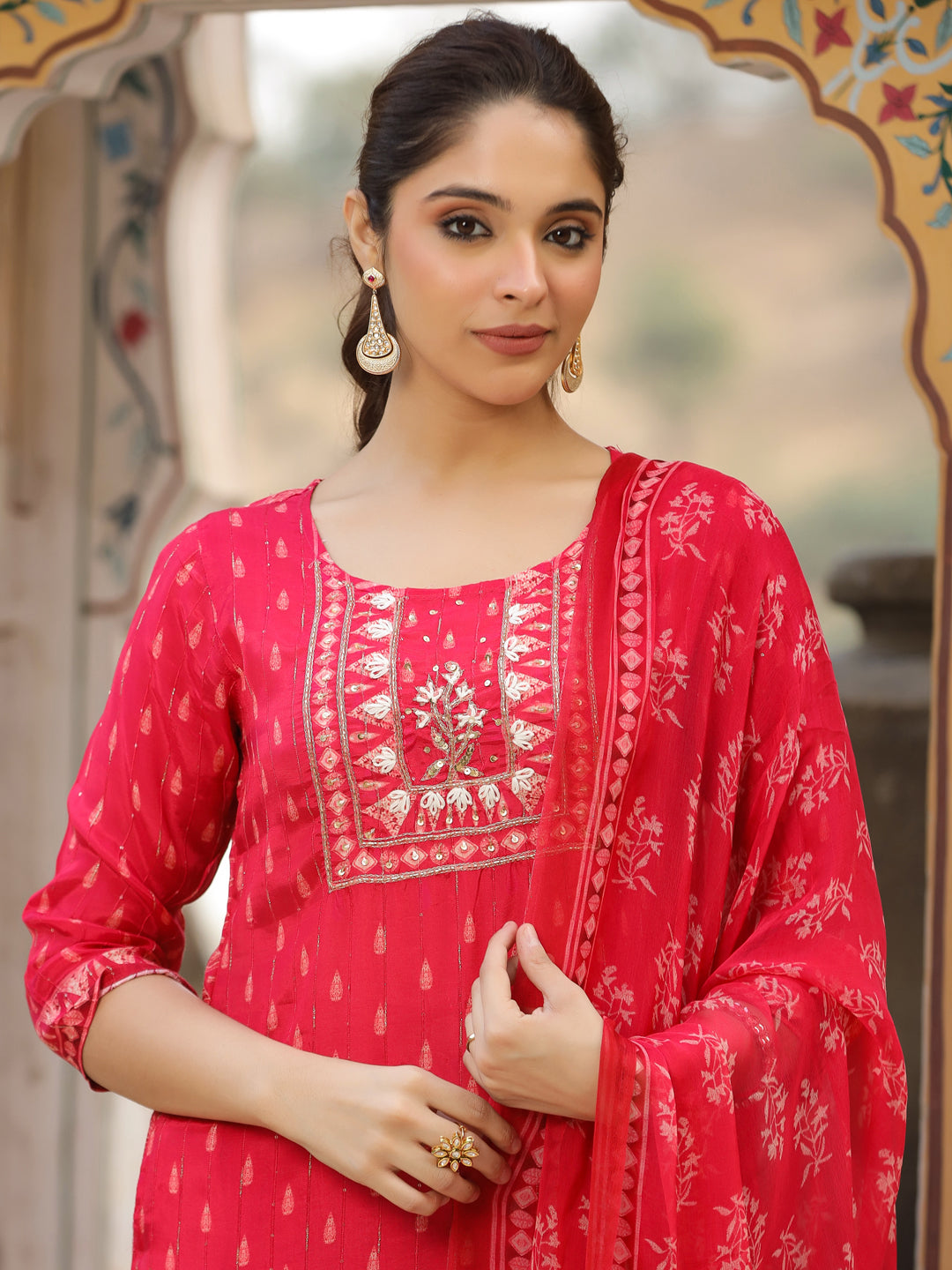 Ethnic Printed & Hand Embroidered Straight Fit Kurta with Pant & Dupatta - Red