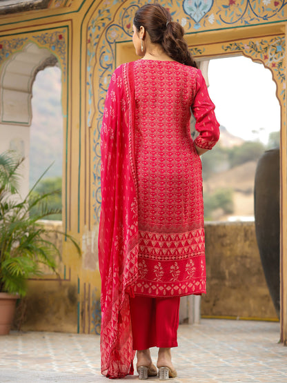 Ethnic Printed & Hand Embroidered Straight Fit Kurta with Pant & Dupatta - Red