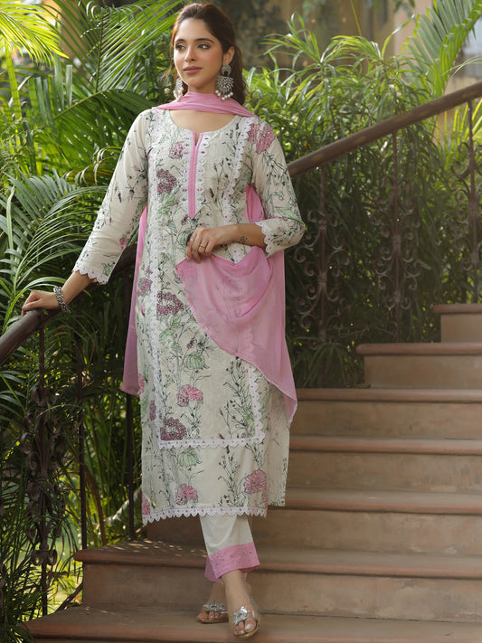 Floral Printed & Schiffli Embroidered Straight Fit Kurta with Pant and Dupatta - Off White