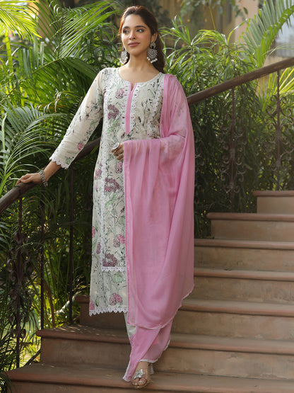 Floral Printed & Schiffli Embroidered Straight Fit Kurta with Pant and Dupatta - Off White