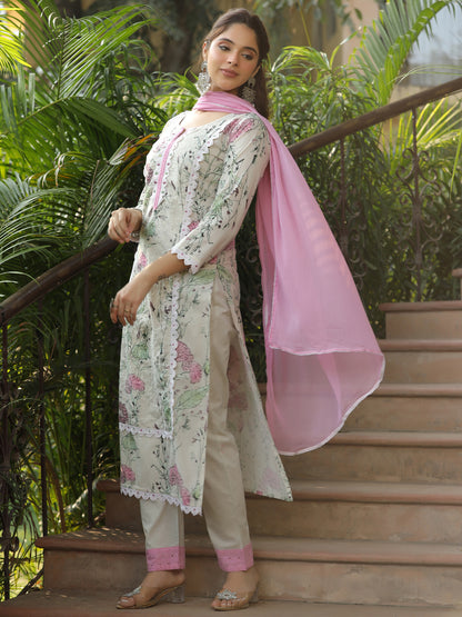 Floral Printed & Schiffli Embroidered Straight Fit Kurta with Pant and Dupatta - Off White