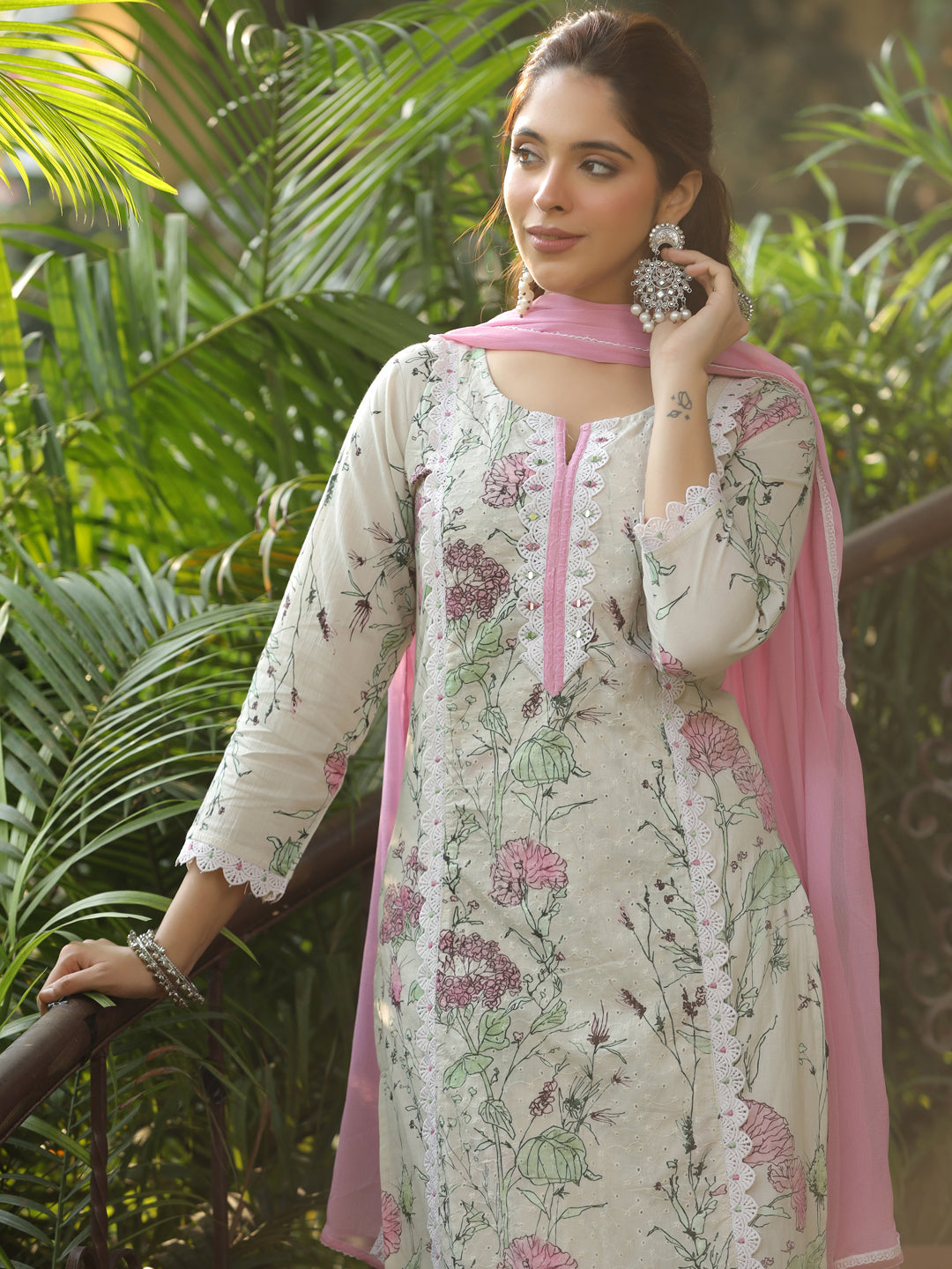 Floral Printed & Schiffli Embroidered Straight Fit Kurta with Pant and Dupatta - Off White