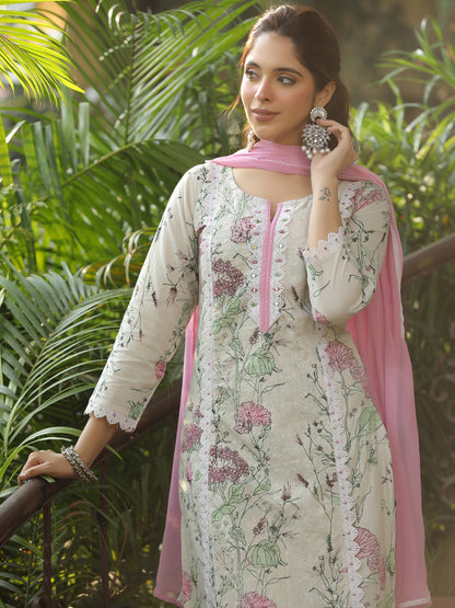 Floral Printed & Schiffli Embroidered Straight Fit Kurta with Pant and Dupatta - Off White