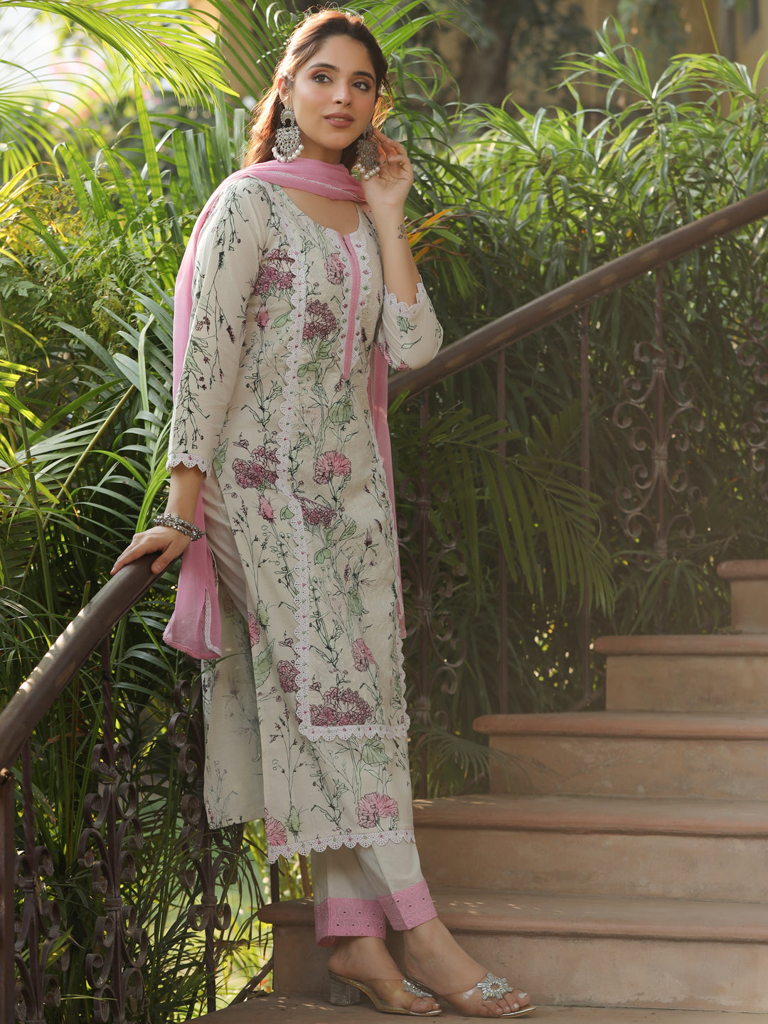 Floral Printed & Schiffli Embroidered Straight Fit Kurta with Pant and Dupatta - Off White