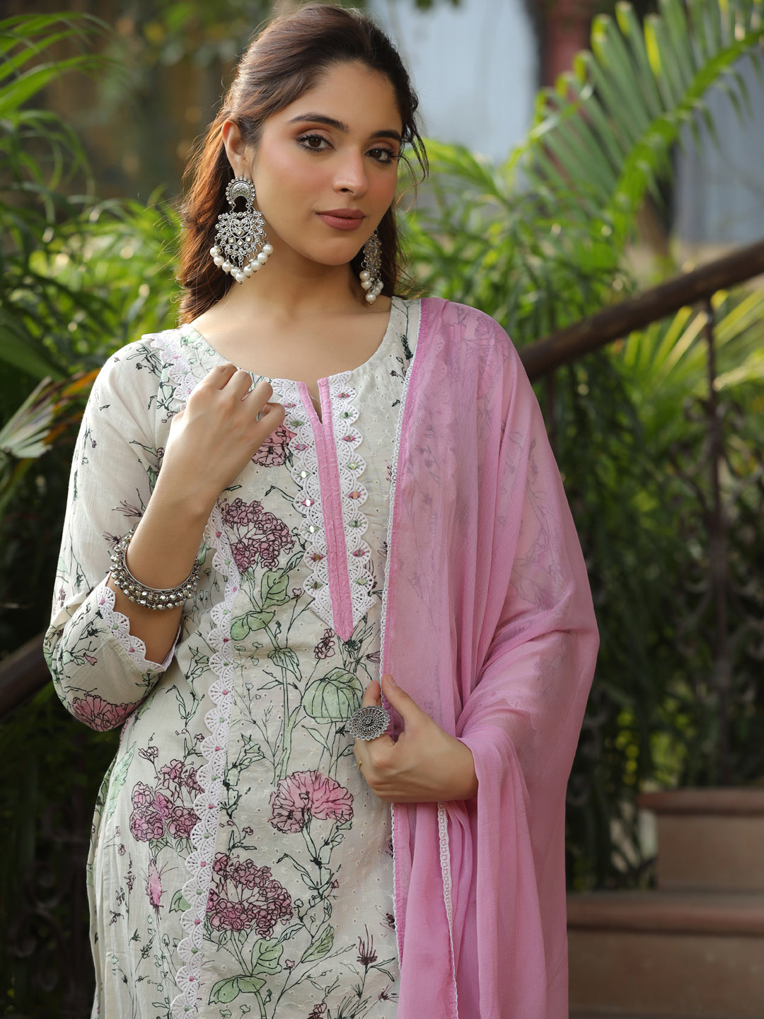 Floral Printed & Schiffli Embroidered Straight Fit Kurta with Pant and Dupatta - Off White