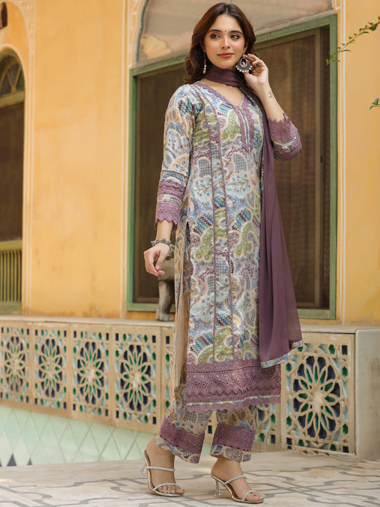 Ethnic Printed & Embroidered Straight Kurta with Pant & Dupatta - Multi
