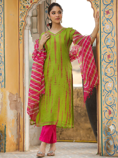 Shibori Dyed Straight Fit Kurta with Pant and Leheriya Dupatta - Green