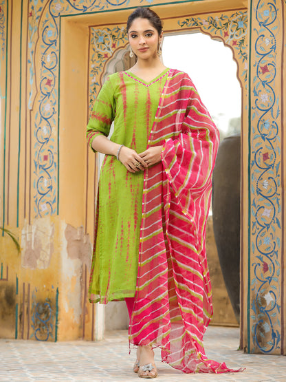 Shibori Dyed Straight Fit Kurta with Pant and Leheriya Dupatta - Green