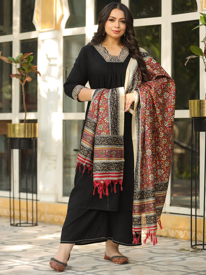 Solid Ethnic Embroidered A-Line Pleated Kurta with Palazzo & Printed Dupatta - Black