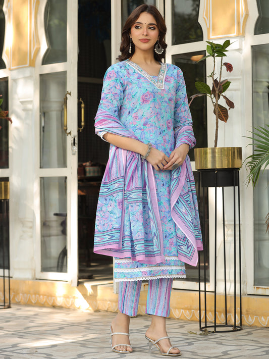 Abstract Floral Printed & Embroidered Straight Fit Kurta with Pant and Dupatta - Lavender