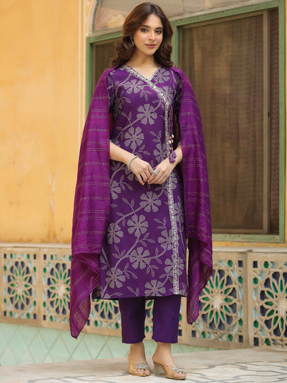 Bandhani Printed & Embroidered Straight Kurta with Pant & Dupatta - Purple