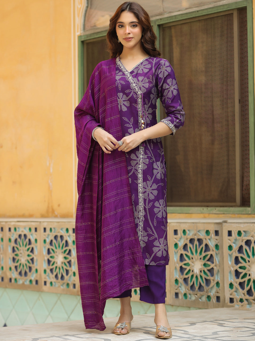 Bandhani Printed & Embroidered Straight Kurta with Pant & Dupatta - Purple