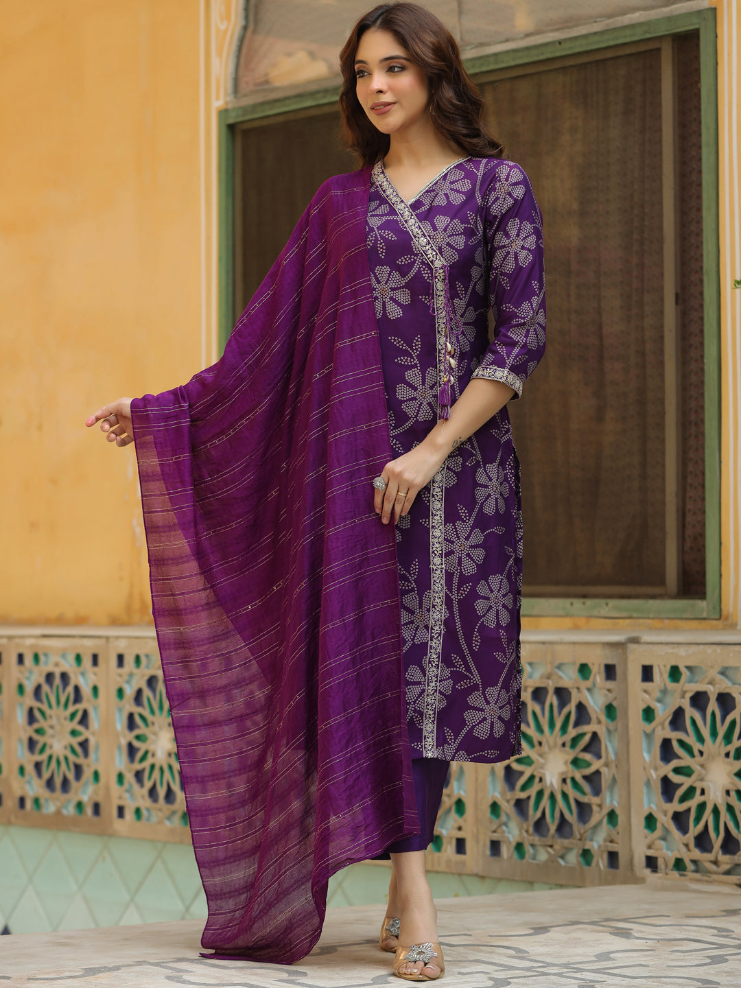 Bandhani Printed & Embroidered Straight Kurta with Pant & Dupatta - Purple