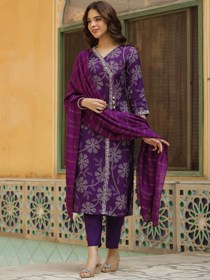 Bandhani Printed & Embroidered Straight Kurta with Pant & Dupatta - Purple