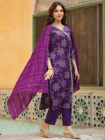 Bandhani Printed & Embroidered Straight Kurta with Pant & Dupatta - Purple