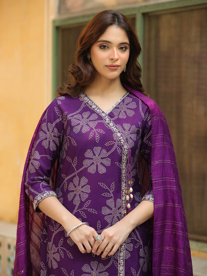 Bandhani Printed & Embroidered Straight Kurta with Pant & Dupatta - Purple