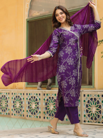 Bandhani Printed & Embroidered Straight Kurta with Pant & Dupatta - Purple