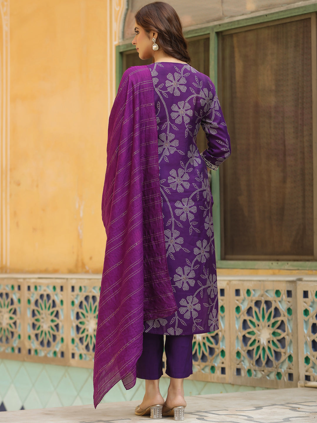 Bandhani Printed & Embroidered Straight Kurta with Pant & Dupatta - Purple