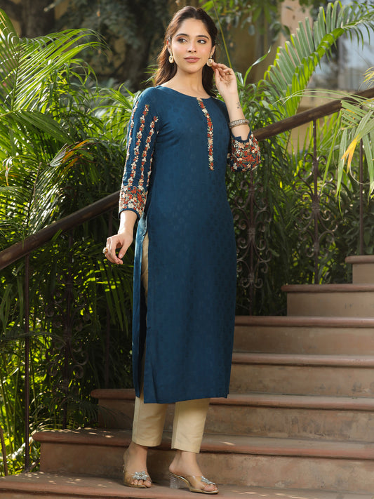 Woven dobby Design Resham & Sequins Floral Embroidered Kurta - Blue
