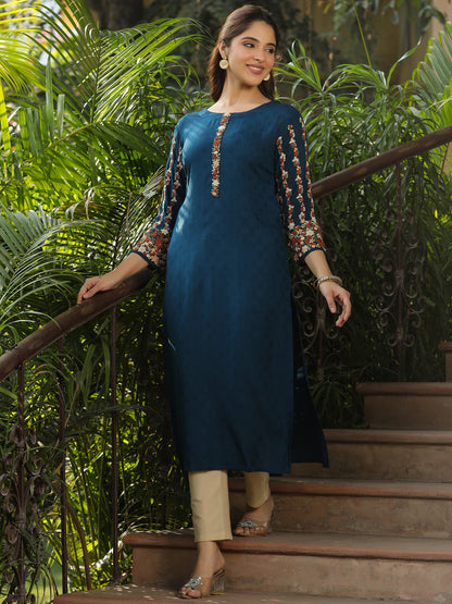 Woven dobby Design Resham & Sequins Floral Embroidered Kurta - Blue