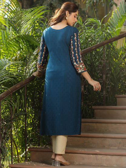 Woven dobby Design Resham & Sequins Floral Embroidered Kurta - Blue