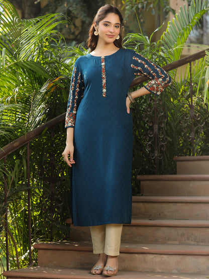 Woven dobby Design Resham & Sequins Floral Embroidered Kurta - Blue