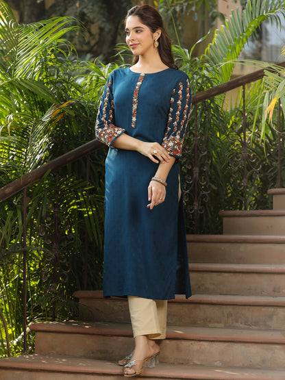 Woven dobby Design Resham & Sequins Floral Embroidered Kurta - Blue