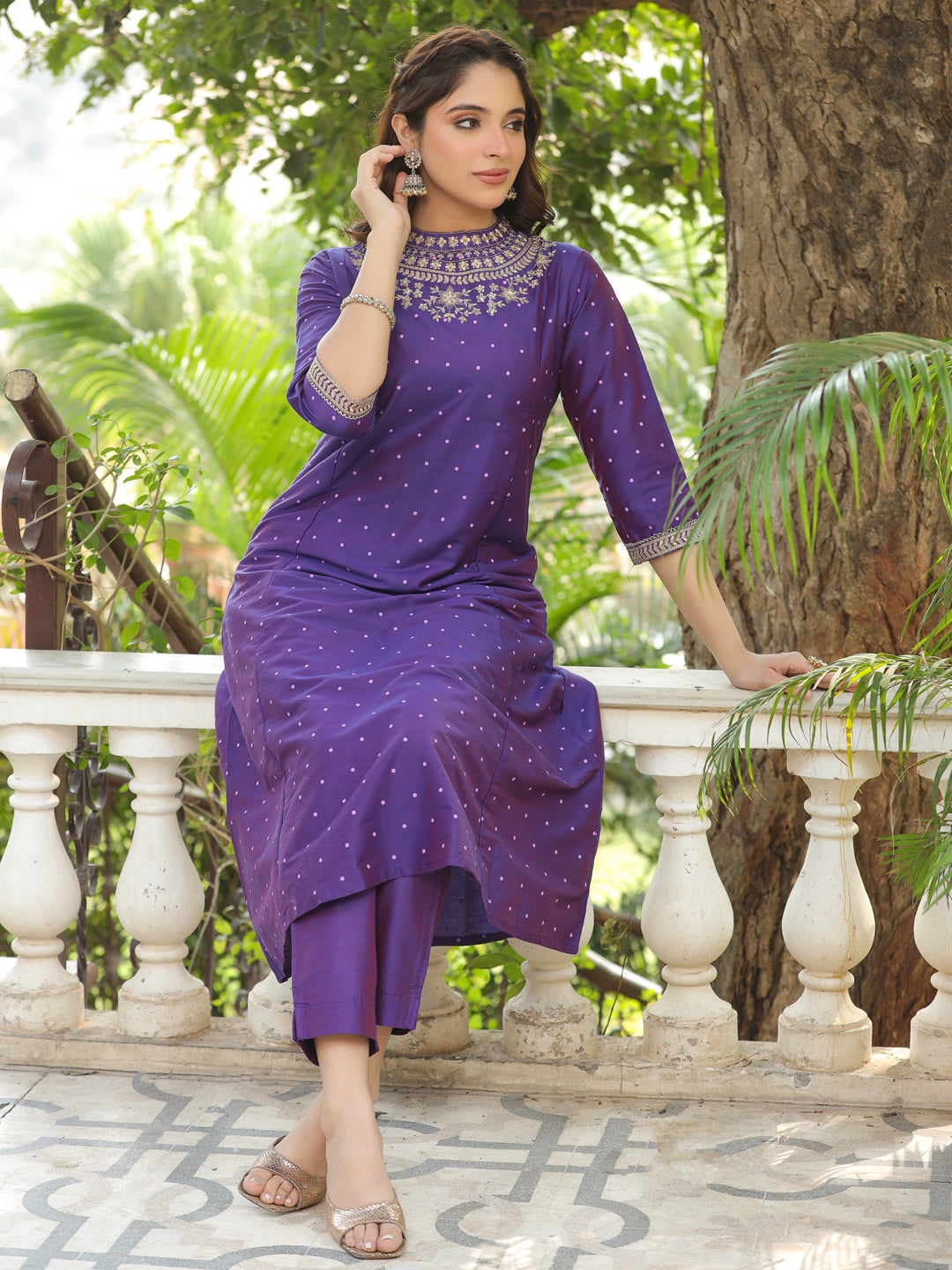 Polka Printed Zari & Sequins Embroidered Paneled Kurta with Pants - Purple