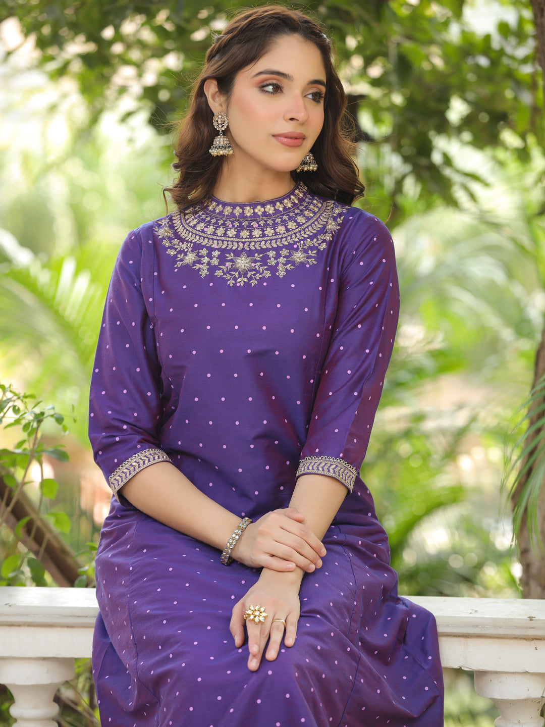 Polka Printed Zari & Sequins Embroidered Paneled Kurta with Pants - Purple