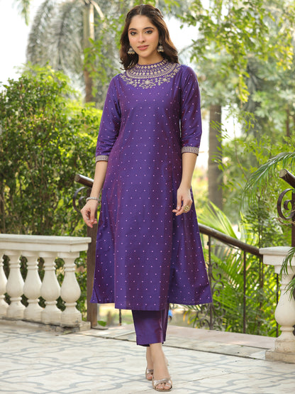 Polka Printed Zari & Sequins Embroidered Paneled Kurta with Pants - Purple